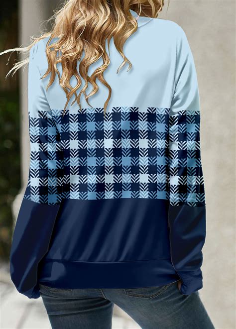 Plaid Patchwork Light Blue Long Sleeve Cowl Neck Sweatshirt Rosewe