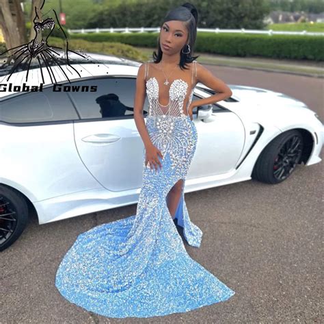 Sparkly Sky Blue O Neck Long Prom Dresses For Black Girls Sequined