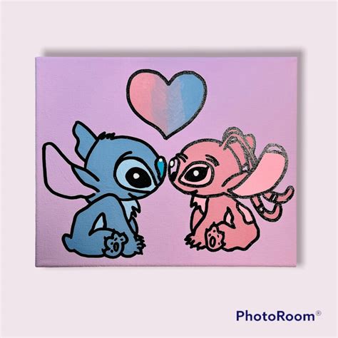 Stitch And Angel In Love Heart Acrylic Painting 8x10 Couples Etsy