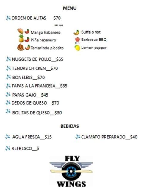 Menu at Fly Wings restaurant, Durango