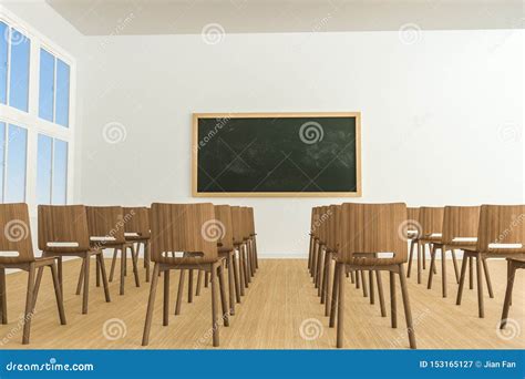 A Classroom With Chairs Inside And A Blackboard In The Front Of The Room 3d Rendering Stock