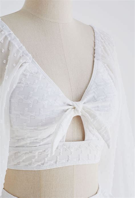 Conjunto De Bikini Con Mangas Semitransparentes En Blanco Puro Retro