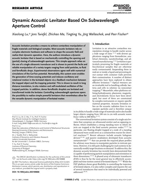 Pdf Dynamic Acoustic Levitator Based On Subwavelength Aperture Control