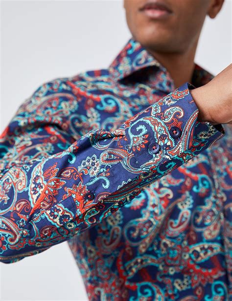 Men S Curtis Orange Blue Paisley Slim Fit Shirt High Collar