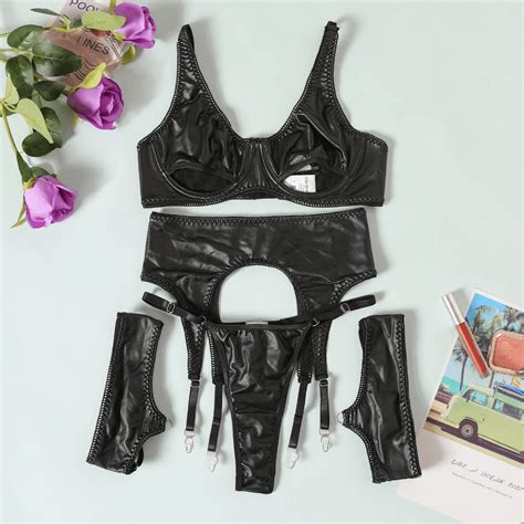 Sanctumqu Ellolace Fetish Pvc Lingerie Cup Out Bra Leather Pu Sensual Underwear Uncensored Latex