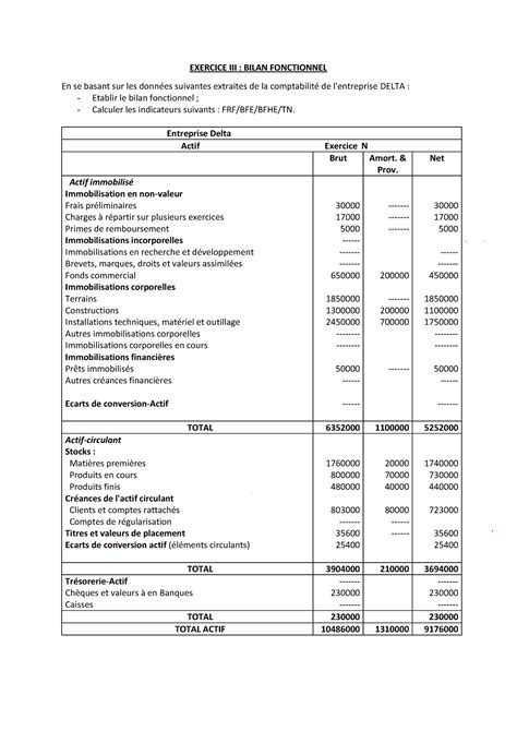 Exercice V Bilan Fonctionnel EXERCICE III BILAN FONCTIONNEL En Se