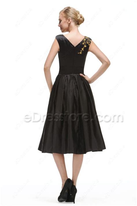 Modest Black Cocktail Dress Tea Length With Golden Embroidery Edresstore