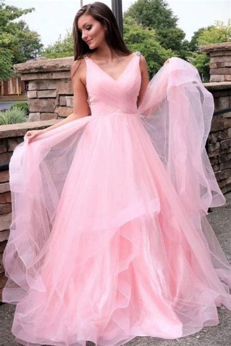 Princess V Neck Pink Tulle Long Formal Dress From Ladyboutiques Cheap Prom Dresses Long Pink