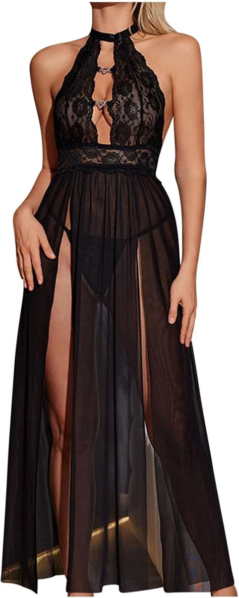 Women S Chemises Lingerie Sexy Lace Cut Out Halter Sheer Mesh Side Slits Nightdress Exotic Long