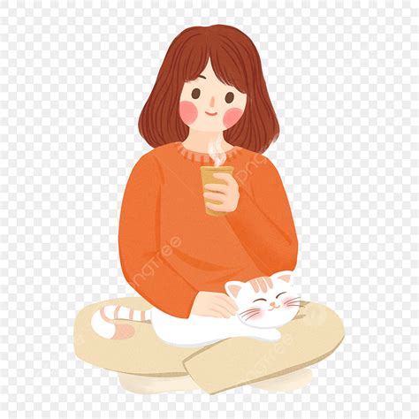 Hand Drawn Cartoon Girl Holding Cat Drinking Hot Drink Element Hot Drink Cartoon Girl PNG