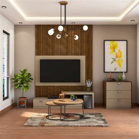 Modern Tv Unit Design With Vertical Wooden Grooves Livspace