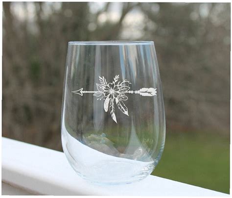 Floral Stemless Wine Glass Etched Wine Glass Boho Floral Etsy