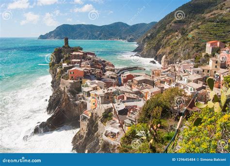 Overview On The Colored Houses Of Vernazza One Of The Lands In Stock