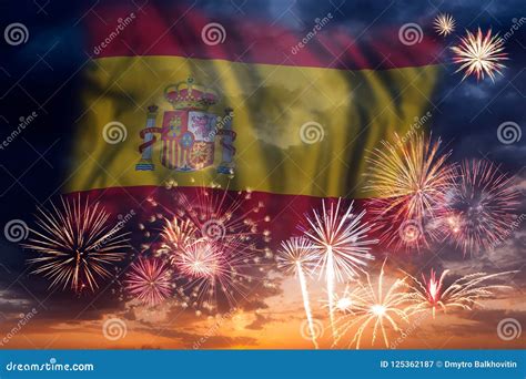 Fireworks and Flag of Spain Stock Image - Image of banner, fireworks ...