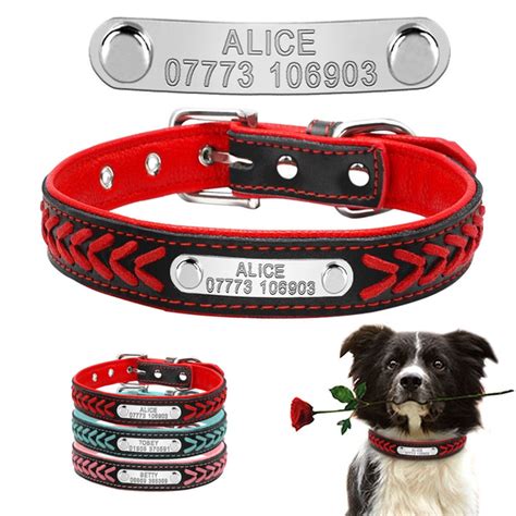 Braided Custom Personalized Dog Collar Leather Padded Dog Pet ID Name ...