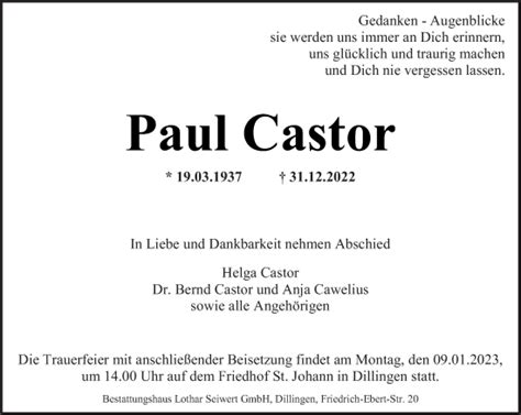 Traueranzeigen Von Paul Castor Saarbruecker Zeitung Trauer De