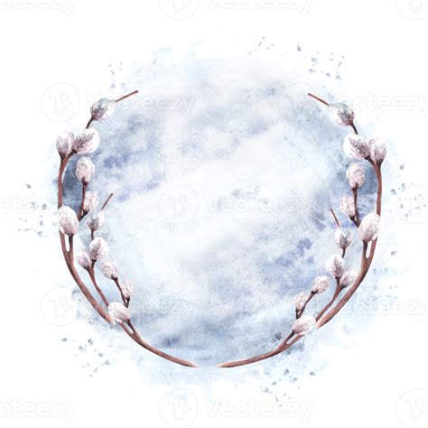 Flowering Branches Wreath With Pussy Willow On Watercolor Stains Background Hand Drawn