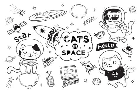 Premium Vector Space Cat Doodle For Kids