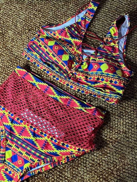 Aztec Print Two Piece Swimsuit High Waisted Style On Carousell