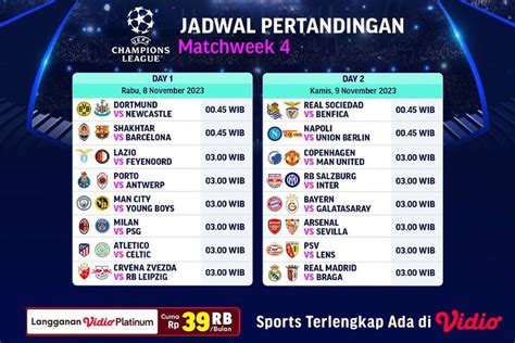 Jadwal Live Streaming Liga Champions 2023 2024 Matchday Ke 4 Di Vidio