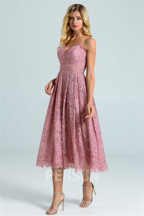 Robe Mi Longue Dentelle Vieux Rose Pour Cortege Mariage