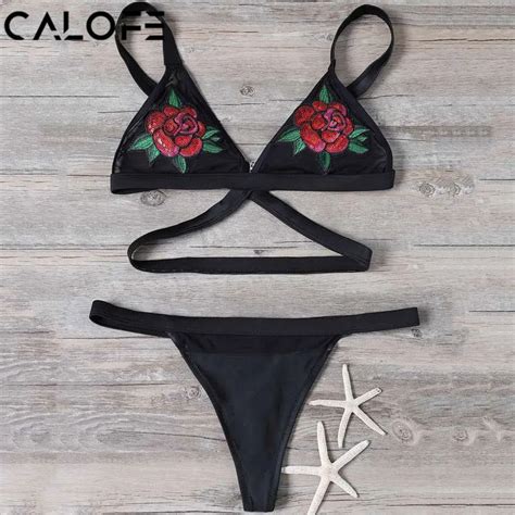 CALOFE Women Beach Bikini Set Printing Embroidery Swimwear Basic Bikini