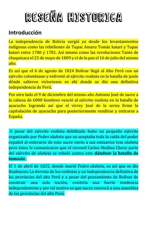 Reseña Historica - Introducción La independencia de Bolivia surgió ya