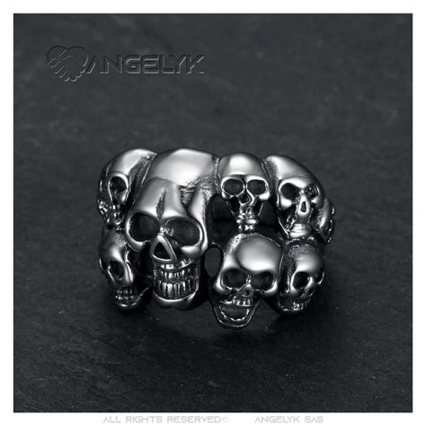 Bague biker homme crâne multi tête de mort Acier Argent