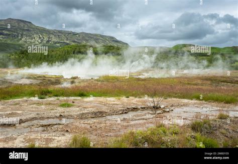 Steam Rising Off A Hot Spring At The Geysir And Haukadular Geothermal