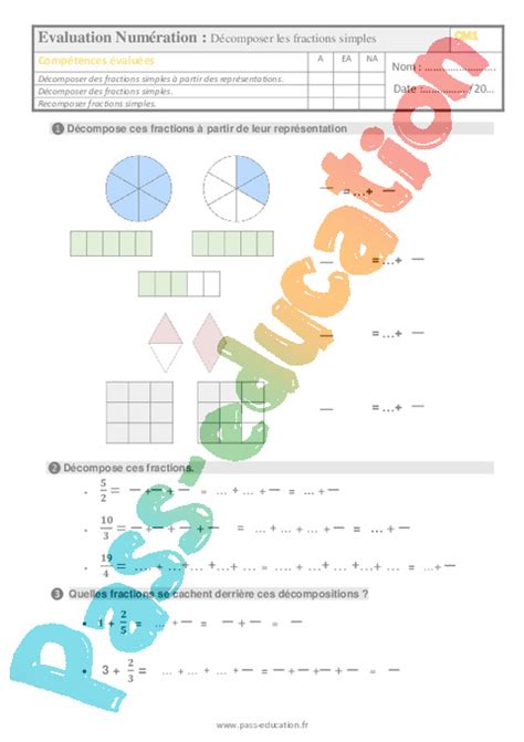 Evaluation Décomposer une fraction CM1 Bilan et controle corrigé