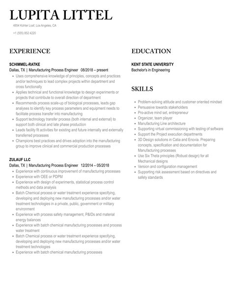 Manufacturing Process Engineer Resume Samples Velvet Jobs