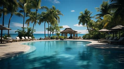 Premium Ai Image Palm Trees And Swimming Pool At Tropical Resort Beach