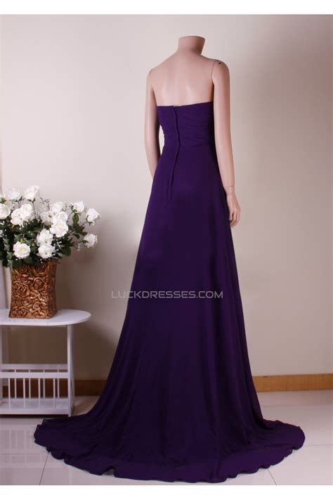 A Line Strapless Long Purple Chiffon Prom Evening Bridesmaid Dresses