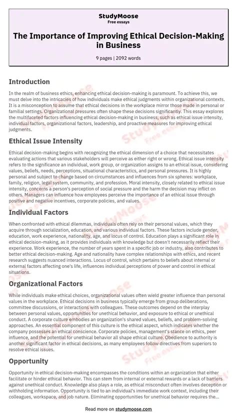 Ethical Decision Making And Ethical Leadership Free Essay Example