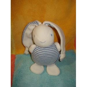 NOUNOURS SOS DOUDOU PELUCHE LAPIN BLANC HOCHET RAYE BLEU