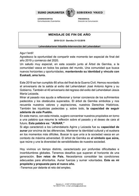 Discurso del Lehendakari Mensaje Fin de Año 2019 PDF