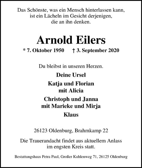 Traueranzeigen Von Arnold Eilers Nordwest Trauer De