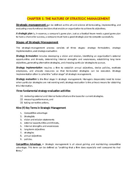 Strategic Management Reviewer CHAPTER 1 THE NATURE OF STRATEGIC