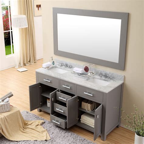 60 Inch Gray Double Sink Bathroom Vanity White Marble Top With Linen