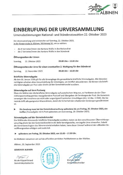 Einberufung Urversammlung National Ständeratswahlen 22 Oktober 2023