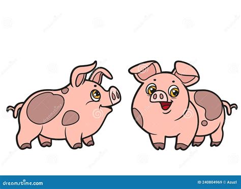 Cute Cartoon Two Pigs Color Variation for Coloring Book on White Stock ...