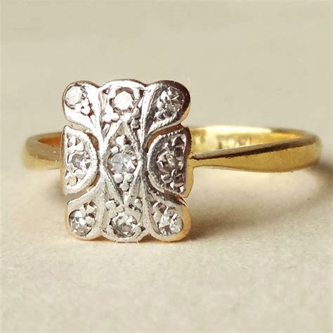 Art Deco Rectangular Diamond Filigree Ring Antique 18k Gold