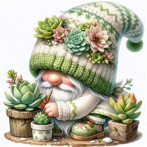 Watercolor Succulent Cactus Gnome Clipart Bundle Png Succulent Garden