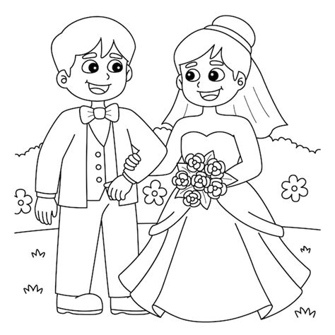 Novio De Boda Y Novia Página Para Colorear Para Niños Vector Premium