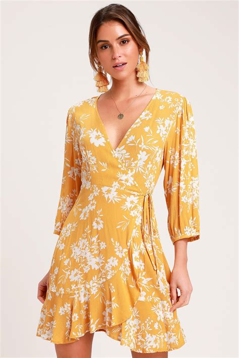 Floral In This Together Mustard Yellow Floral Print Wrap Dress