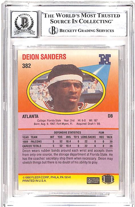 Deion Sanders Signed 1990 Fleer 382 Trading Card 10 Auto Beckett