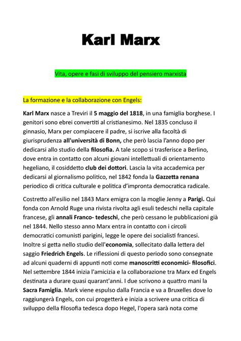 Marx Riassunto Marx Abbagnano Fornero Karl Marx Vita Opere E Fasi