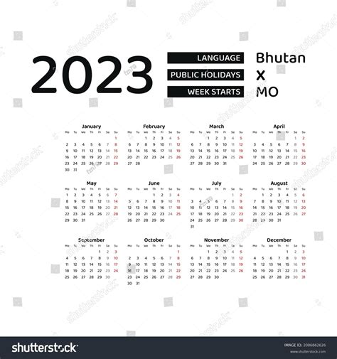 Bhutan Calendar 2023 Week Starts Monday Stock Vector (Royalty Free ...