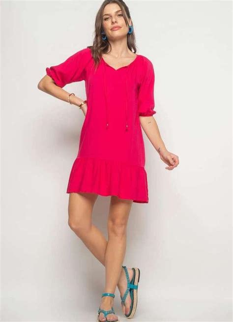 Vestido Curto Viscolinho Babado Fashion Rosa Salvatore Fashion