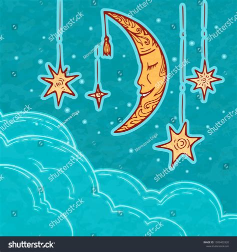 Crescent Moon Face Vintage Drawing Vector Stock Vector Royalty Free